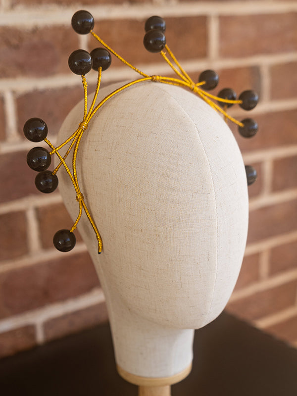 Side view of black beaded headpiece. The beads stand at the end of the headband frame.
