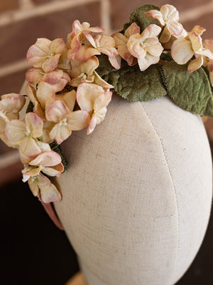 Close up of the dusty pink vintage inspired flowers on top of the headband.